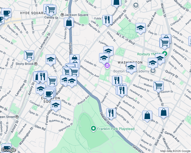 map of restaurants, bars, coffee shops, grocery stores, and more near 27 Hilton Terrace in Boston