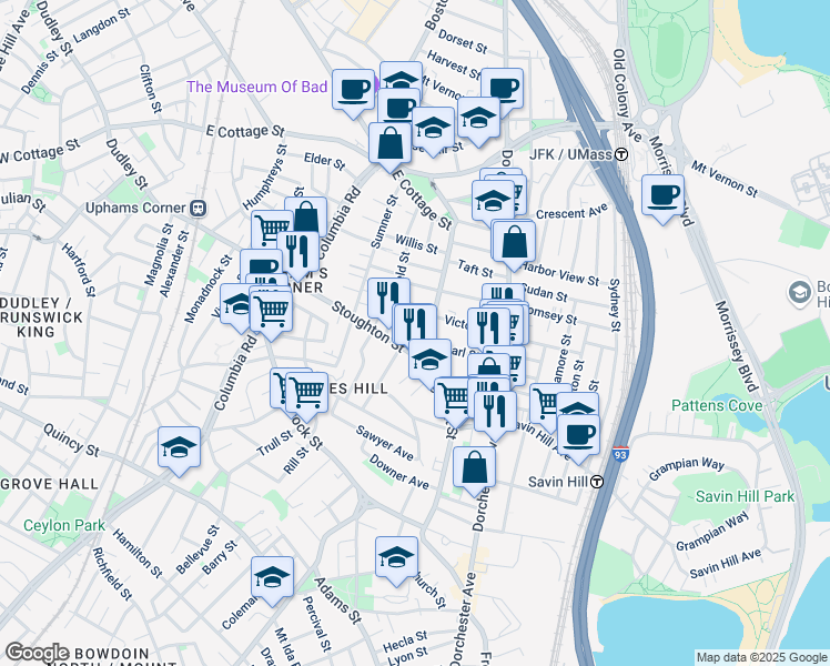 map of restaurants, bars, coffee shops, grocery stores, and more near 129 Stoughton Street in Boston