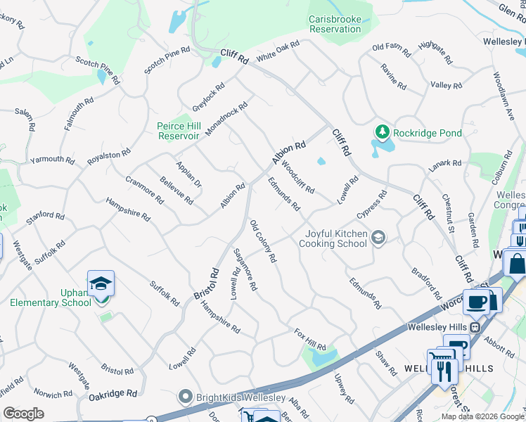 map of restaurants, bars, coffee shops, grocery stores, and more near 103R Old Colony Road in Wellesley