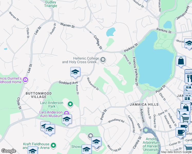 map of restaurants, bars, coffee shops, grocery stores, and more near 100 Goddard Avenue in Brookline