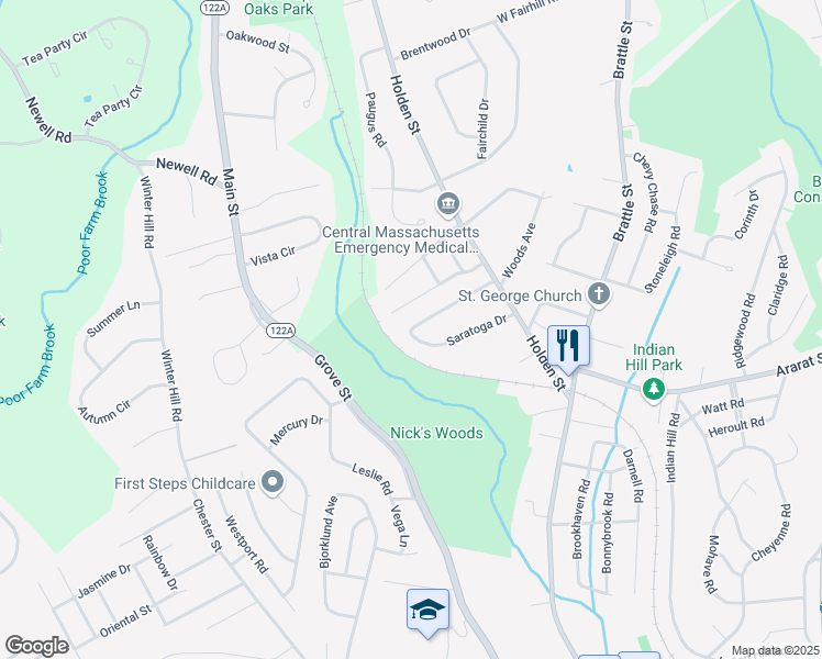 map of restaurants, bars, coffee shops, grocery stores, and more near 100 North Worcester Avenue in Worcester