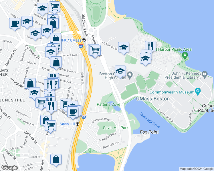 map of restaurants, bars, coffee shops, grocery stores, and more near 135 Morrissey Boulevard in Boston