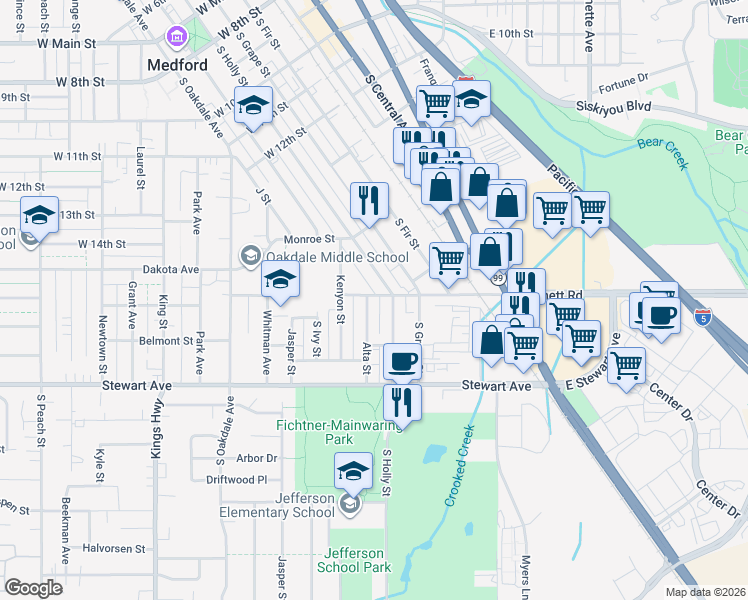 map of restaurants, bars, coffee shops, grocery stores, and more near 924 South Holly Street in Medford