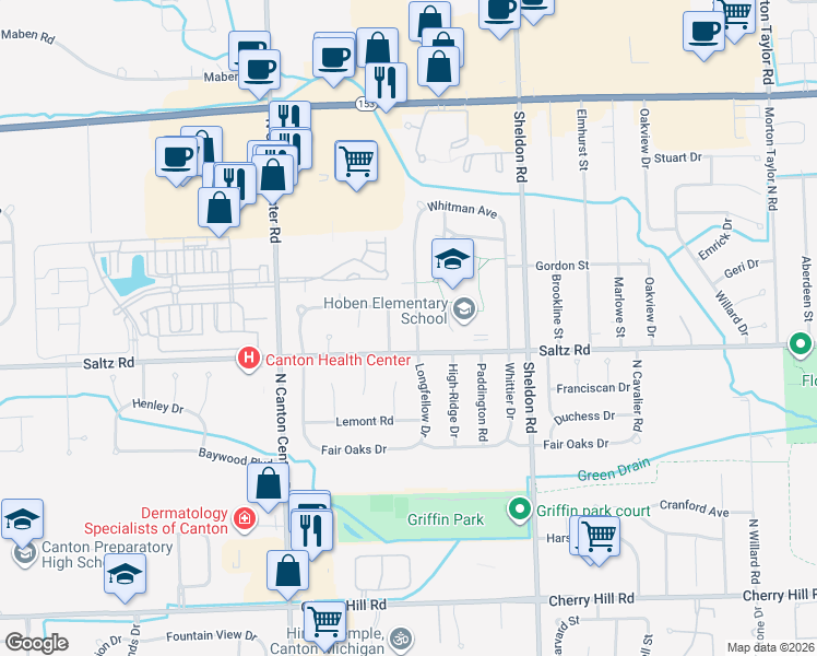 map of restaurants, bars, coffee shops, grocery stores, and more near 1309 Longfellow Drive in Canton