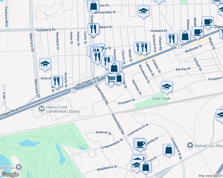 map of restaurants, bars, coffee shops, grocery stores, and more near 15255 Michigan Avenue in Dearborn
