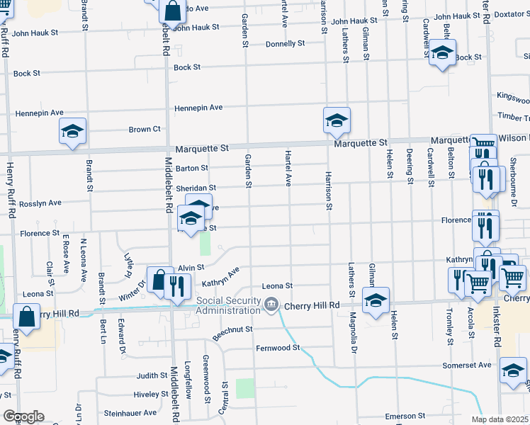 map of restaurants, bars, coffee shops, grocery stores, and more near 28740 Florence Street in Garden City