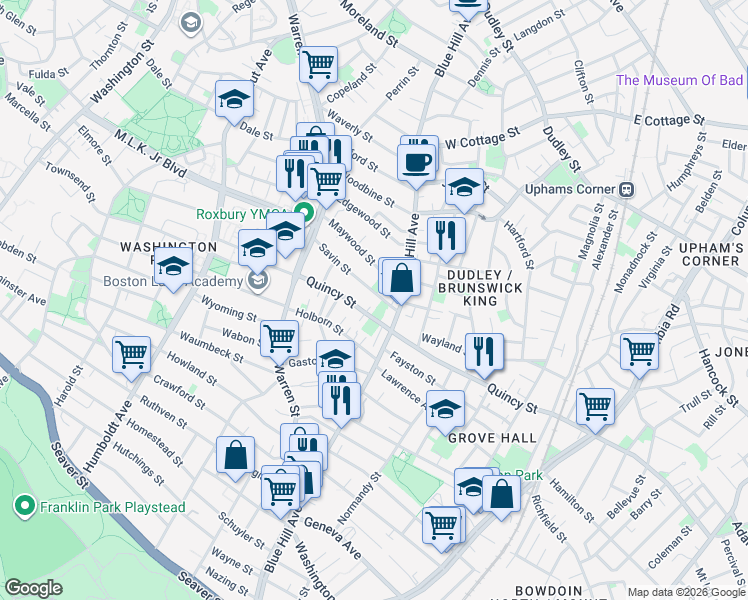 map of restaurants, bars, coffee shops, grocery stores, and more near 273 Blue Hill Avenue in Boston