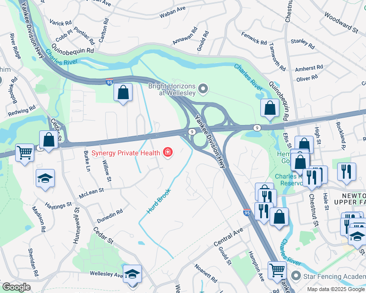 map of restaurants, bars, coffee shops, grocery stores, and more near 110 Worcester Street in Wellesley