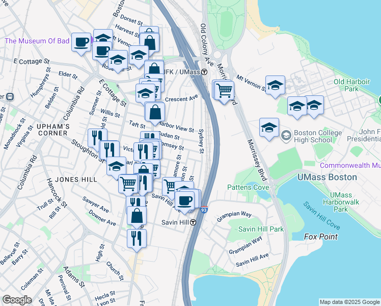 map of restaurants, bars, coffee shops, grocery stores, and more near 79 Saxton Street in Boston