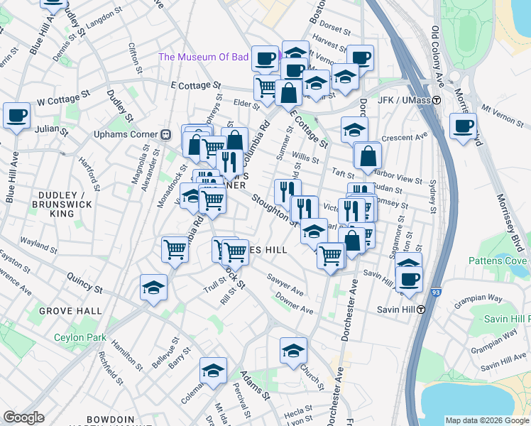 map of restaurants, bars, coffee shops, grocery stores, and more near 11 Windermere Road in Boston