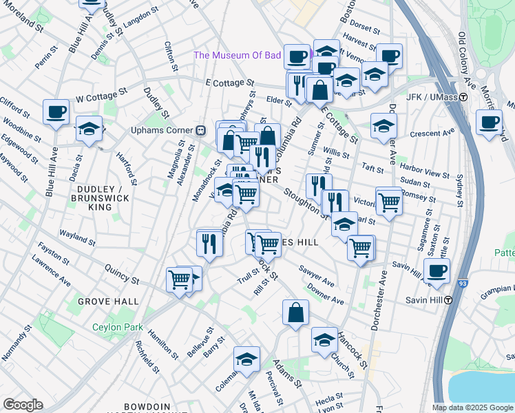 map of restaurants, bars, coffee shops, grocery stores, and more near 14 Upham Avenue in Boston