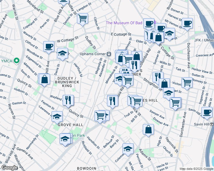 map of restaurants, bars, coffee shops, grocery stores, and more near 56 Virginia Street in Boston