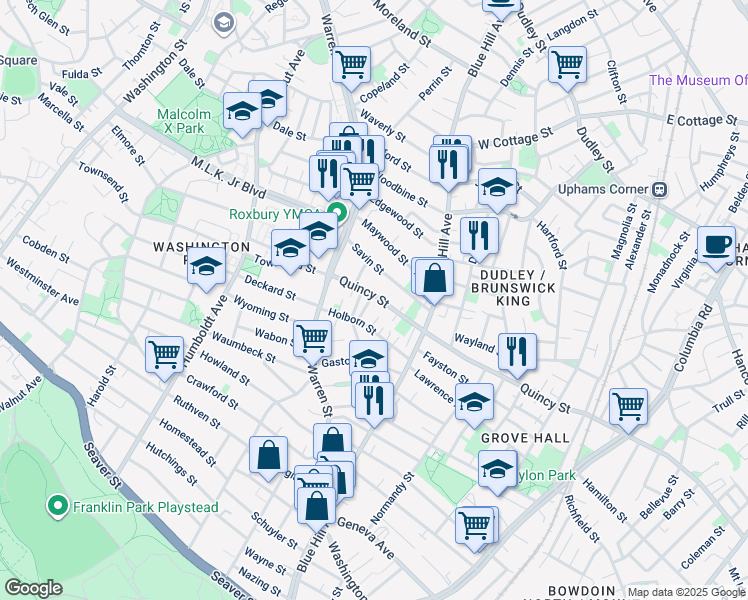 map of restaurants, bars, coffee shops, grocery stores, and more near 5 Holborn Park in Boston