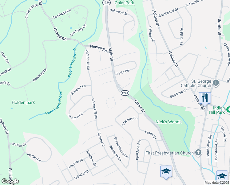 map of restaurants, bars, coffee shops, grocery stores, and more near 26 Cedar Road in Holden