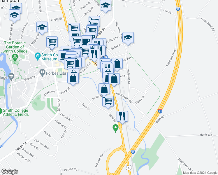 map of restaurants, bars, coffee shops, grocery stores, and more near 395 Pleasant Street in Northampton