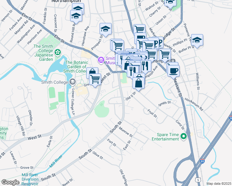 map of restaurants, bars, coffee shops, grocery stores, and more near 32 Clark Avenue in Northampton