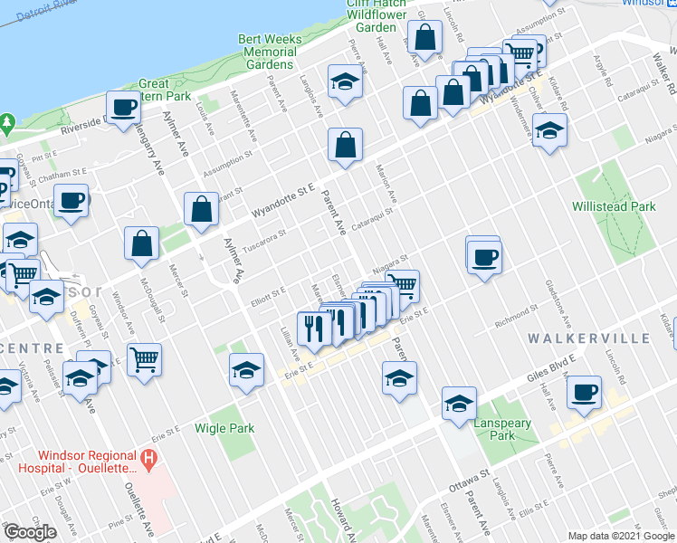 map of restaurants, bars, coffee shops, grocery stores, and more near 816 Niagara Street in Windsor