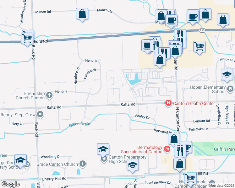 map of restaurants, bars, coffee shops, grocery stores, and more near 46566 Saltz Road in Canton