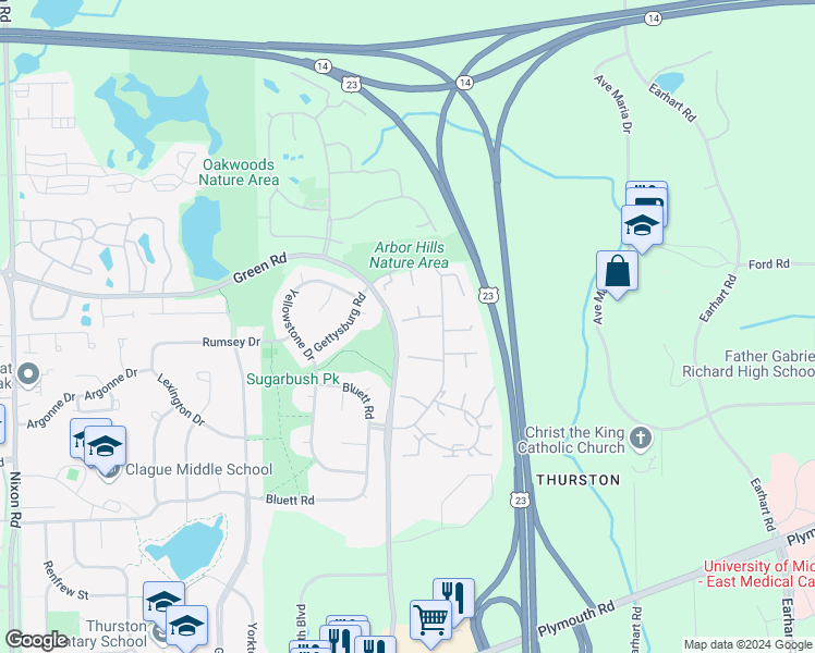 map of restaurants, bars, coffee shops, grocery stores, and more near 3387 Burbank Drive in Ann Arbor