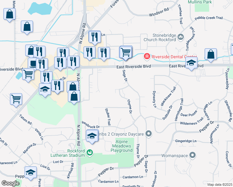 map of restaurants, bars, coffee shops, grocery stores, and more near 3820 Thyme Drive in Rockford