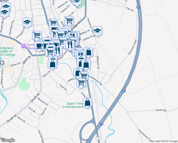 map of restaurants, bars, coffee shops, grocery stores, and more near 9 Hockanum Road in Northampton