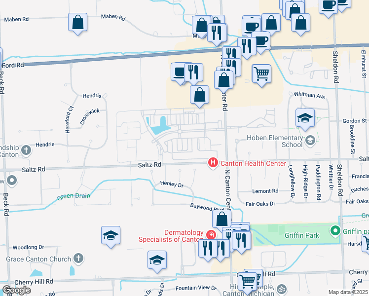map of restaurants, bars, coffee shops, grocery stores, and more near 46089 Saltz Road in Canton