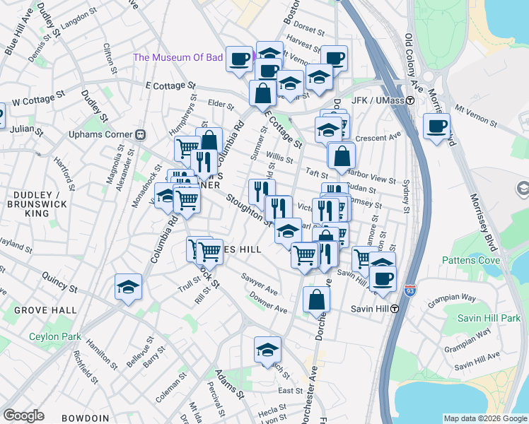 map of restaurants, bars, coffee shops, grocery stores, and more near 129 Stoughton Street in Boston