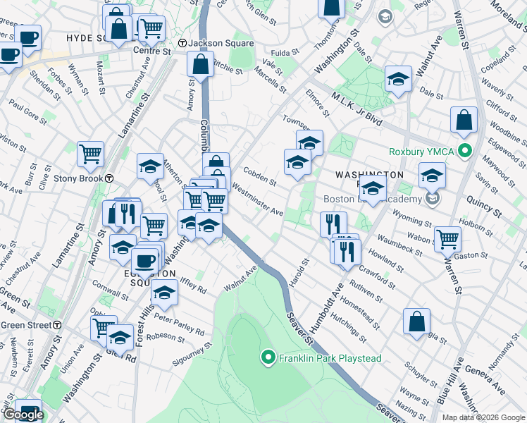 map of restaurants, bars, coffee shops, grocery stores, and more near 71 Westminster Avenue in Boston