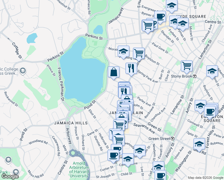 map of restaurants, bars, coffee shops, grocery stores, and more near 44 Pond Street in Boston