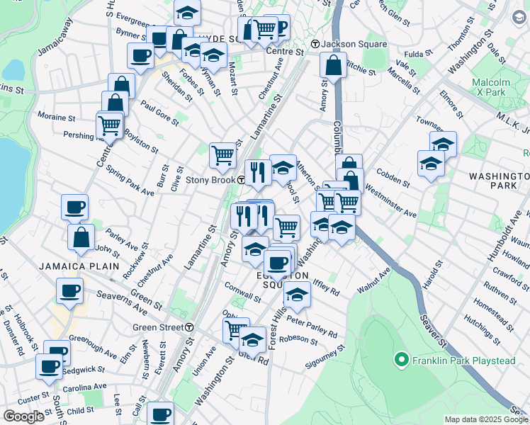 map of restaurants, bars, coffee shops, grocery stores, and more near 13 Bismarck Street in Boston