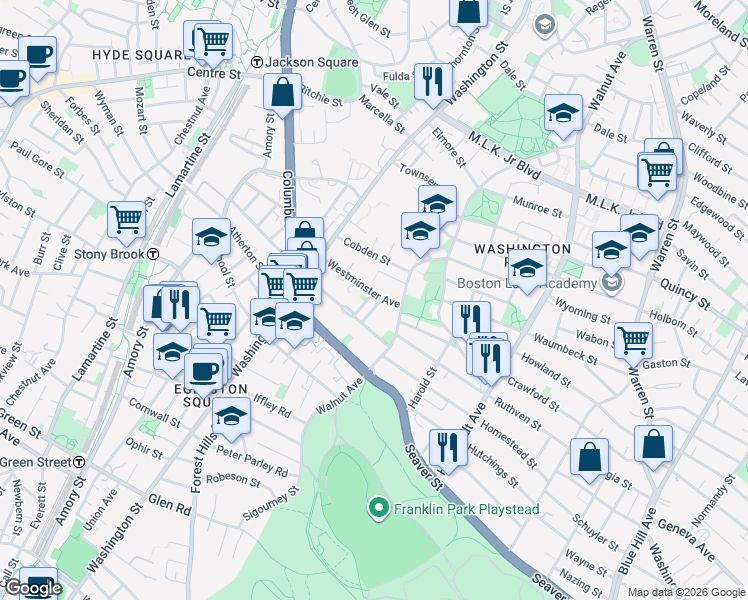 map of restaurants, bars, coffee shops, grocery stores, and more near 71 Westminster Avenue in Boston
