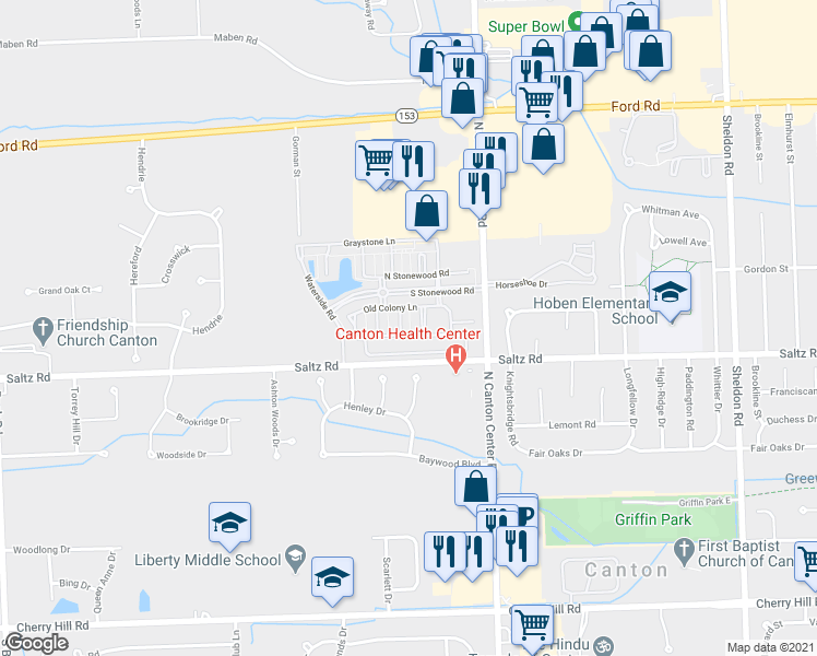 map of restaurants, bars, coffee shops, grocery stores, and more near 1477 North Canton Center Road in Canton