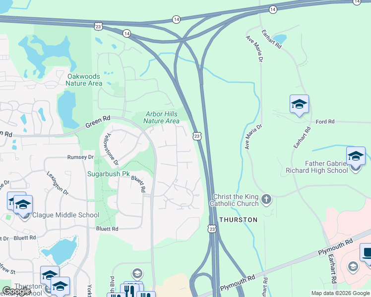 map of restaurants, bars, coffee shops, grocery stores, and more near 3408 Burbank Drive in Ann Arbor