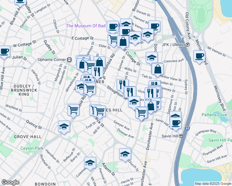 map of restaurants, bars, coffee shops, grocery stores, and more near 85 Stoughton Street in Boston