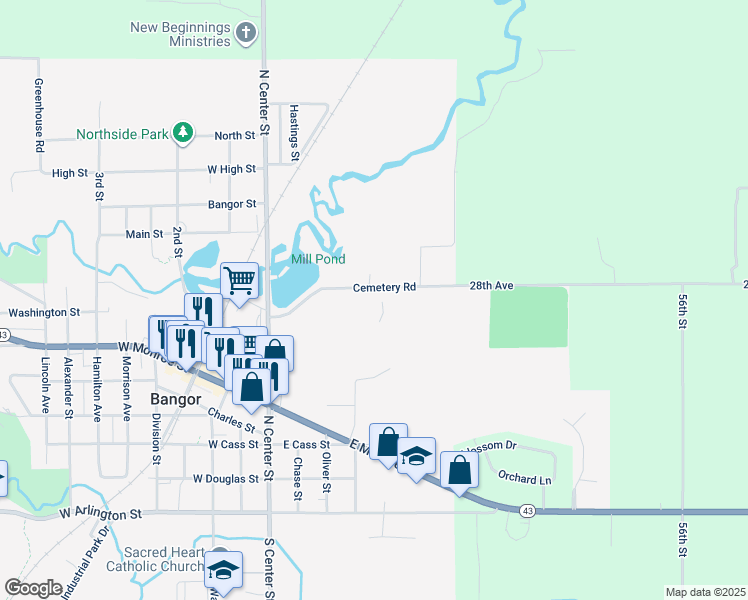 map of restaurants, bars, coffee shops, grocery stores, and more near 301 Cemetery Road in Bangor