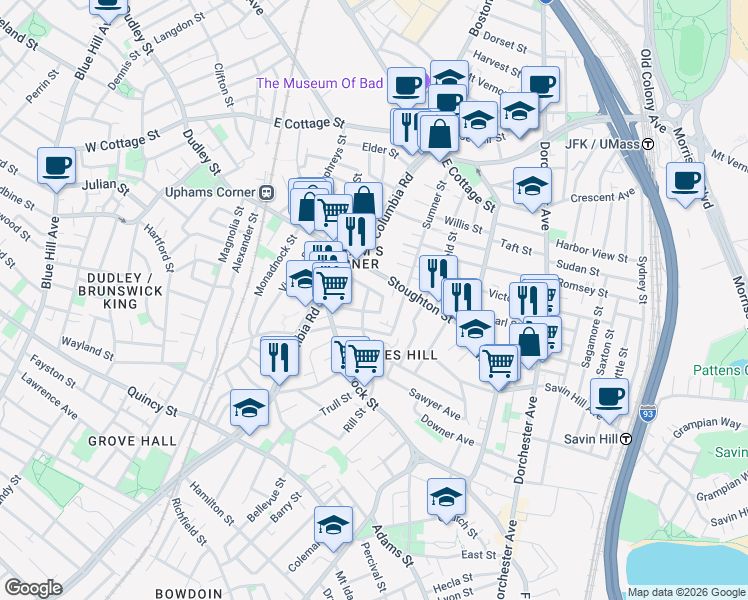 map of restaurants, bars, coffee shops, grocery stores, and more near 41 Upham Avenue in Boston