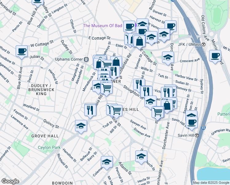 map of restaurants, bars, coffee shops, grocery stores, and more near 41 Upham Avenue in Boston