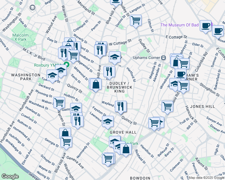 map of restaurants, bars, coffee shops, grocery stores, and more near 21 Balfour Street in Boston