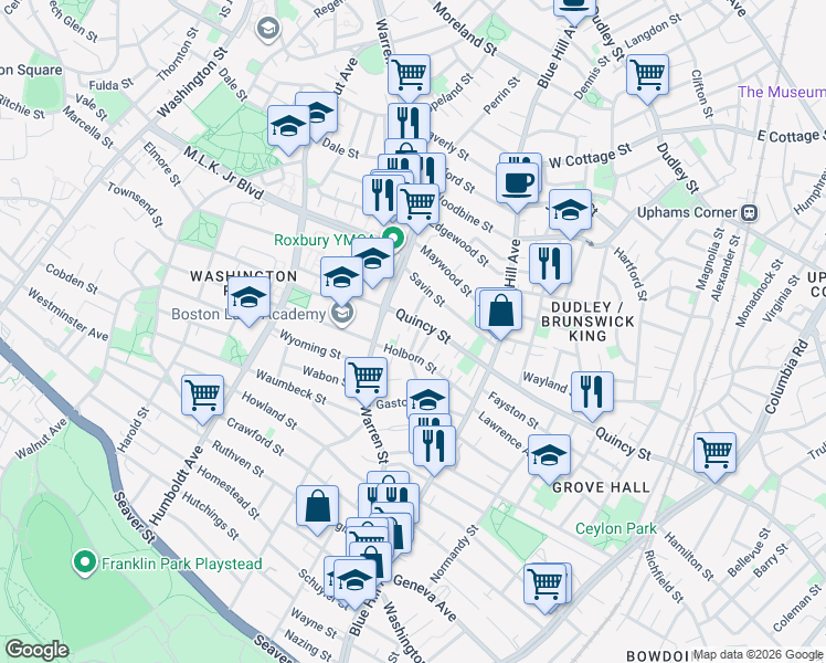 map of restaurants, bars, coffee shops, grocery stores, and more near 17 Holborn Street in Boston