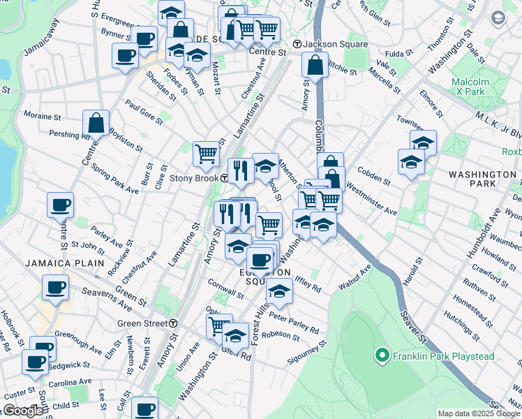 map of restaurants, bars, coffee shops, grocery stores, and more near 16 Dalrymple Street in Boston