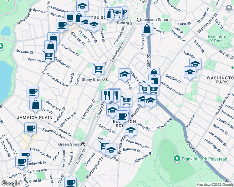 map of restaurants, bars, coffee shops, grocery stores, and more near 13 Bismarck Street in Boston