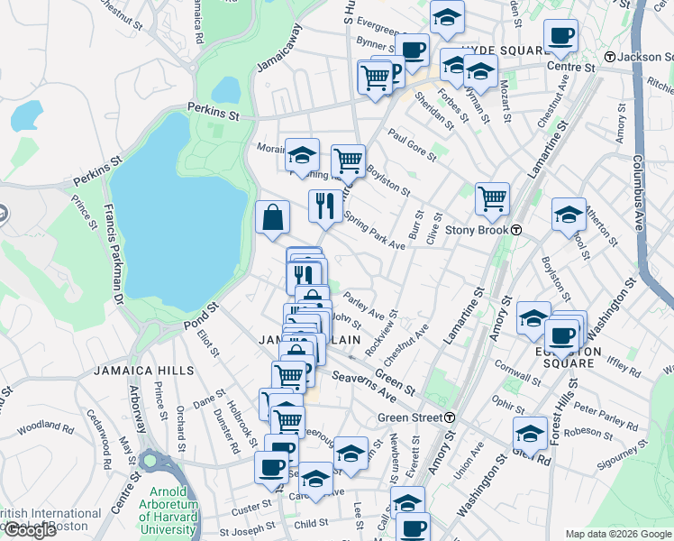 map of restaurants, bars, coffee shops, grocery stores, and more near 11 Parley Avenue in Boston