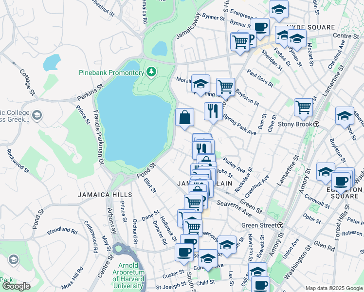 map of restaurants, bars, coffee shops, grocery stores, and more near 44 Pond Street in Boston