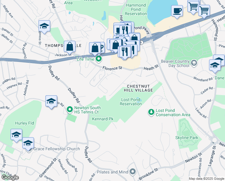 map of restaurants, bars, coffee shops, grocery stores, and more near 102-104 Louise Road in Newton