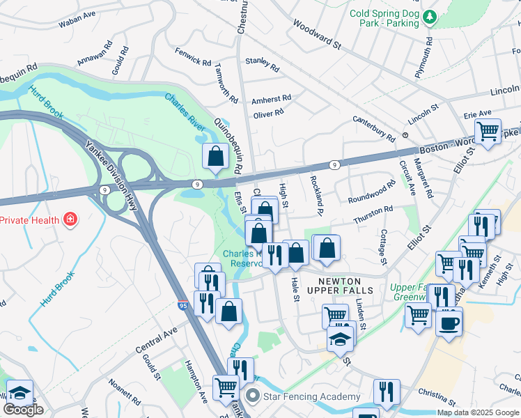 map of restaurants, bars, coffee shops, grocery stores, and more near 989 Chestnut Street in Newton