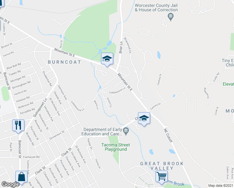 map of restaurants, bars, coffee shops, grocery stores, and more near 10 Maria Lane in Worcester