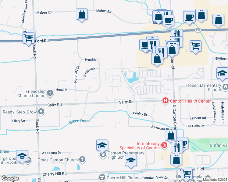 map of restaurants, bars, coffee shops, grocery stores, and more near 46566 Saltz Road in Canton