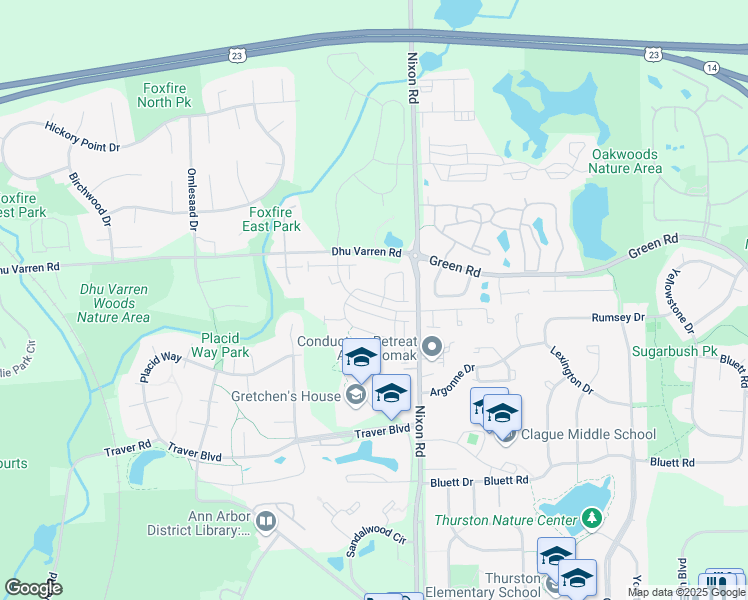 map of restaurants, bars, coffee shops, grocery stores, and more near 2718 Spurway Drive South in Ann Arbor