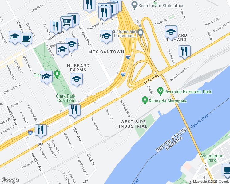 map of restaurants, bars, coffee shops, grocery stores, and more near 3 W Grand Blvd in Detroit