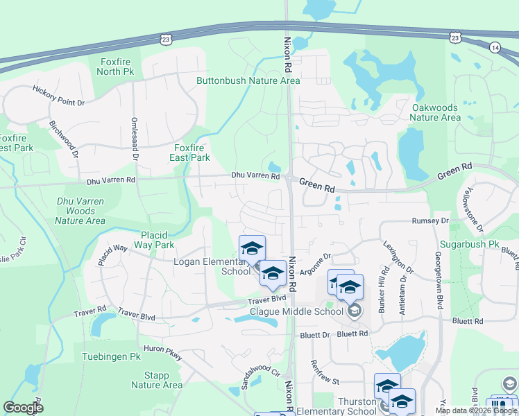 map of restaurants, bars, coffee shops, grocery stores, and more near 2718 Spurway Drive South in Ann Arbor
